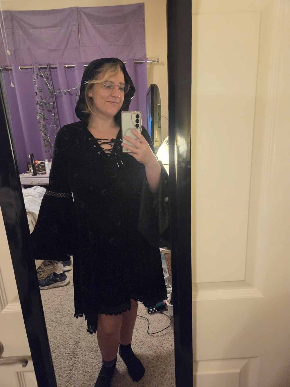 Spirit Black Lace-Up Hooded Mini Dress with Bell Sleeves